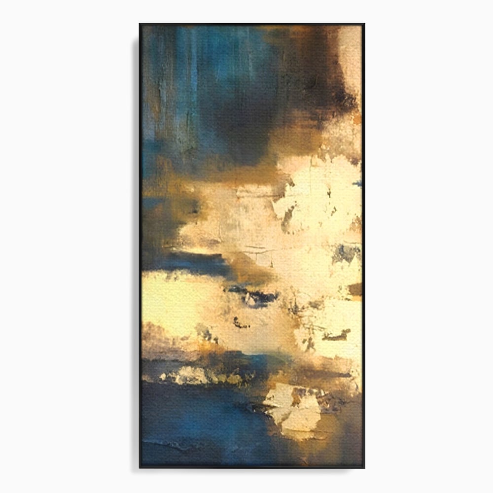 Tablou canvas cu pictura abstracta cu texturi aurii, in rama de aluminiu negru